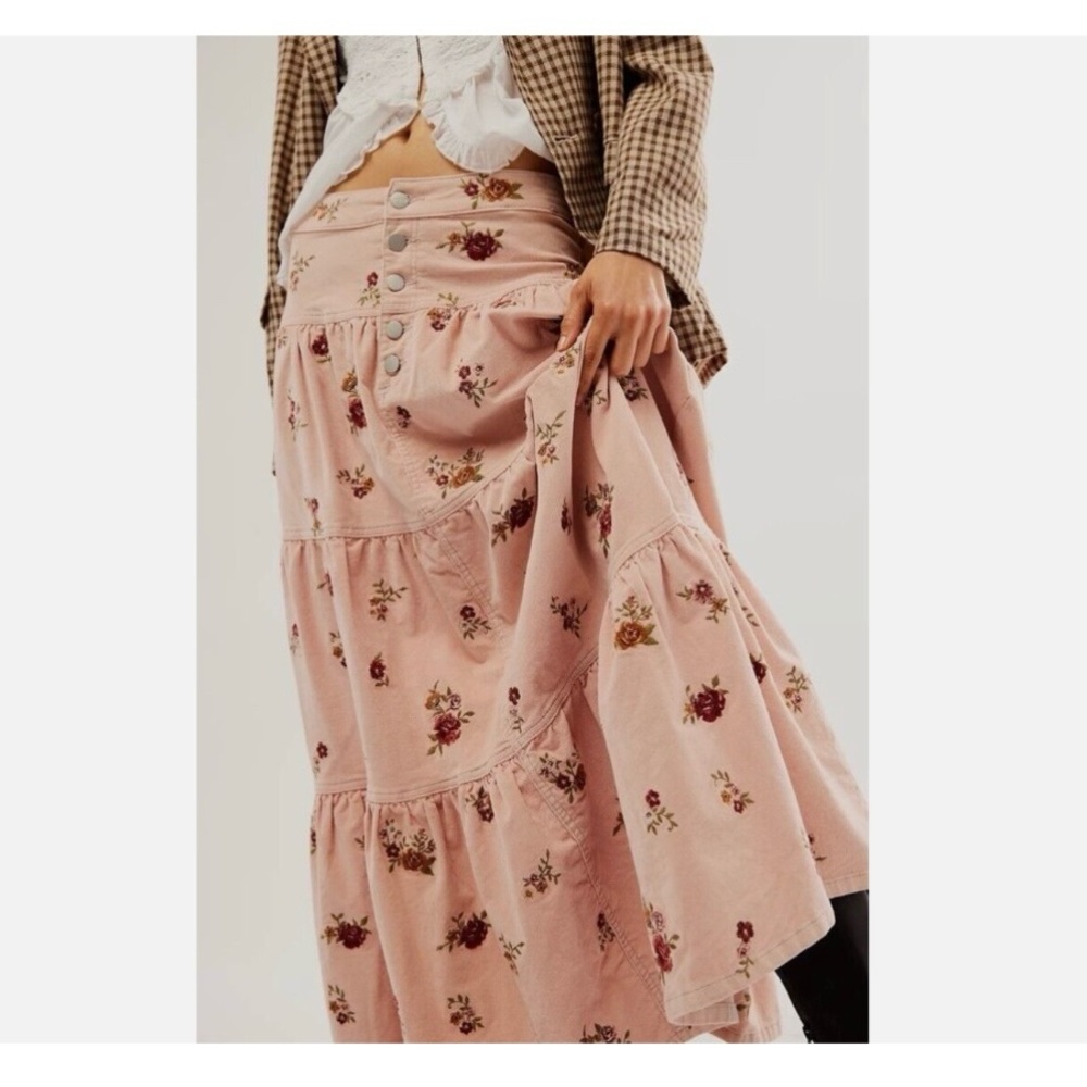 Free People Blush Pink Floral Tiered Maxi Skirt